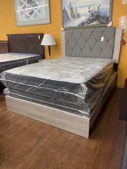 Queen Size Bed Frame - Washed Gray With Padded Dark Gray