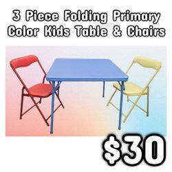 NEW 3 Piece Folding Primary Color Kids Table & Chairs: Njft