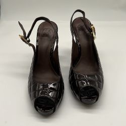 TORY BURCH Allison Crocs Brown Patent Leather Peep Toe Slingback Heels Sz 8 M 