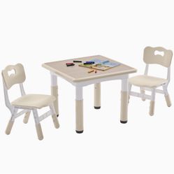 Kids Table and 2 Chairs Set, Height Adjustable Toddler Table and Chair Set for Age 3-8, 23.6''Lx23.6''W Graffiti Desktop, Non-Slip Legs, Kids Play Tab