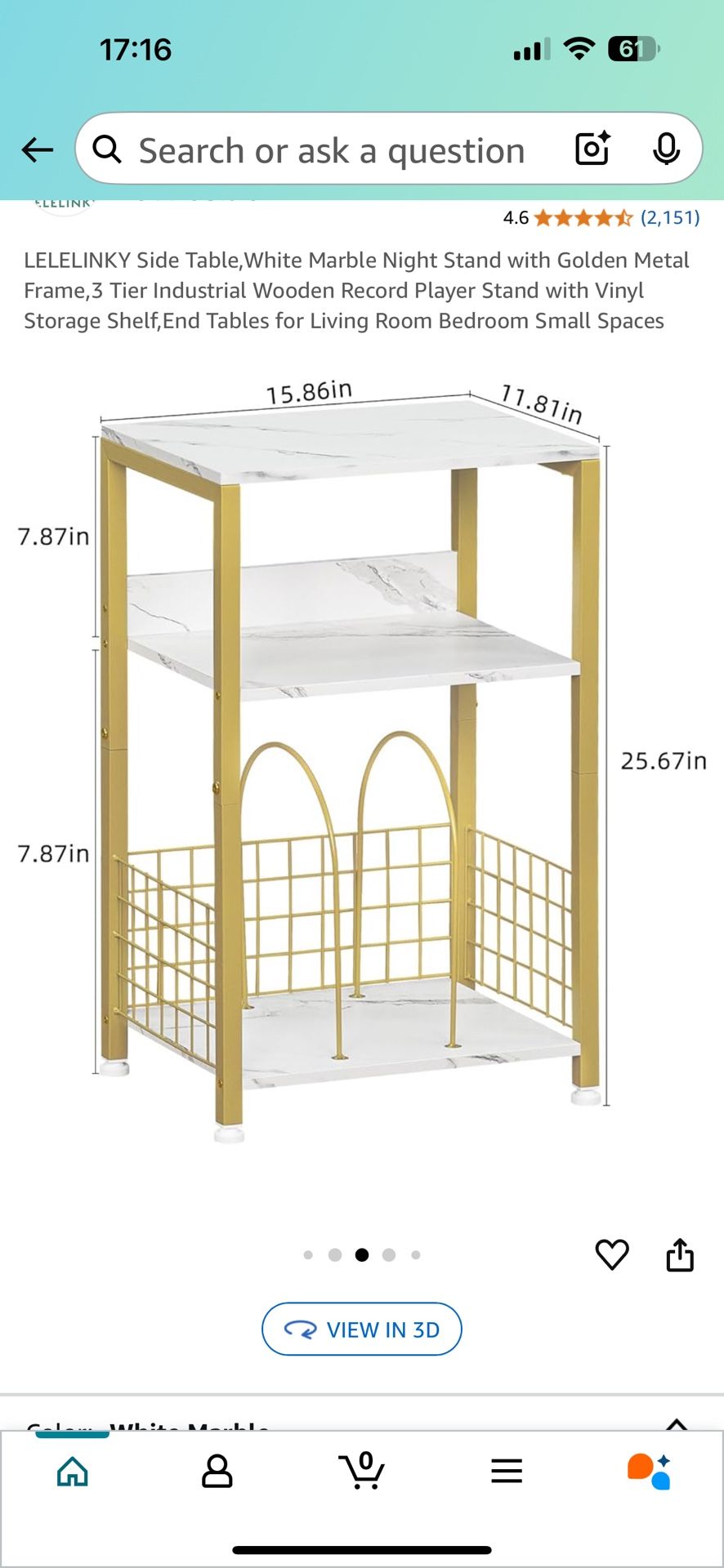 LELELINKY Side Table,White Marble Night Stand with Golden Metal Frame,3 Tier Industrial Wooden Record Player Stand with Vinyl Storage Shelf,End Tables
