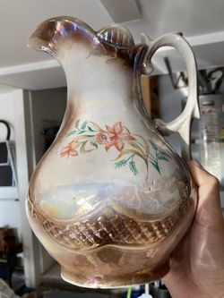 Vintage Porcelain Water Pitcher Floral 10.5” tall