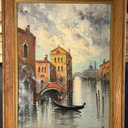 Vintage Venice Canal Oil Painting Gondola Scene Framed 24.5x32 Mid Century Wall Art