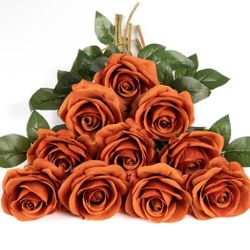 11pcs Silk Roses Artificial Flowers Fake Rose for Arrangement Wedding Party Home Decoration (Burnt Orange)