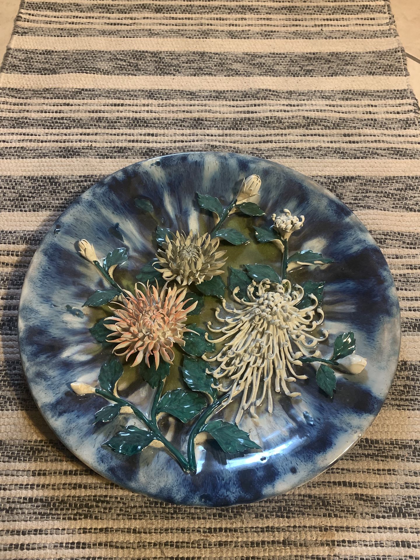 Antique? Ceramic Floral 3D Plate 17” Some Slight Flower Petal Damage
