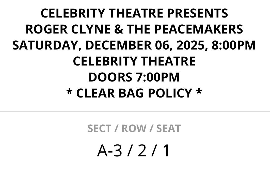 ROGER CLYNE &THE PEACEMAKERS 2ND ROW TONIGHT @ 8PM