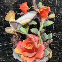 Exquisite Hummingbird Figurine with Sculptured Red Roses - Bisque Porcelain