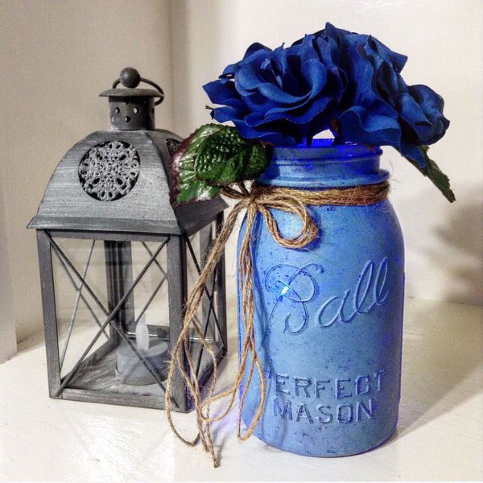 Hand painted flower vase led light mason jar