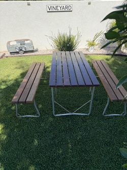 Wood Folding Table with 2 Folding Wood Benches