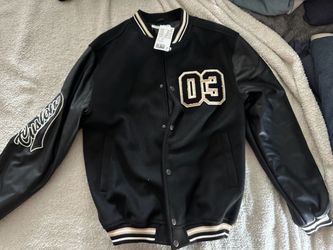Black Varsity Bomber Jacket with Leather Sleeves