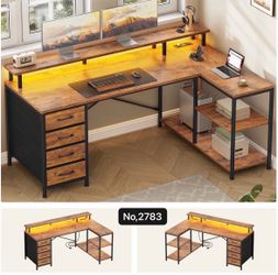 L Shaped Gaming Desk with LED Lights , Computer Desk with Shelves & 4 Drawer, Corner Desk Home Office Desk , Rustic Brown