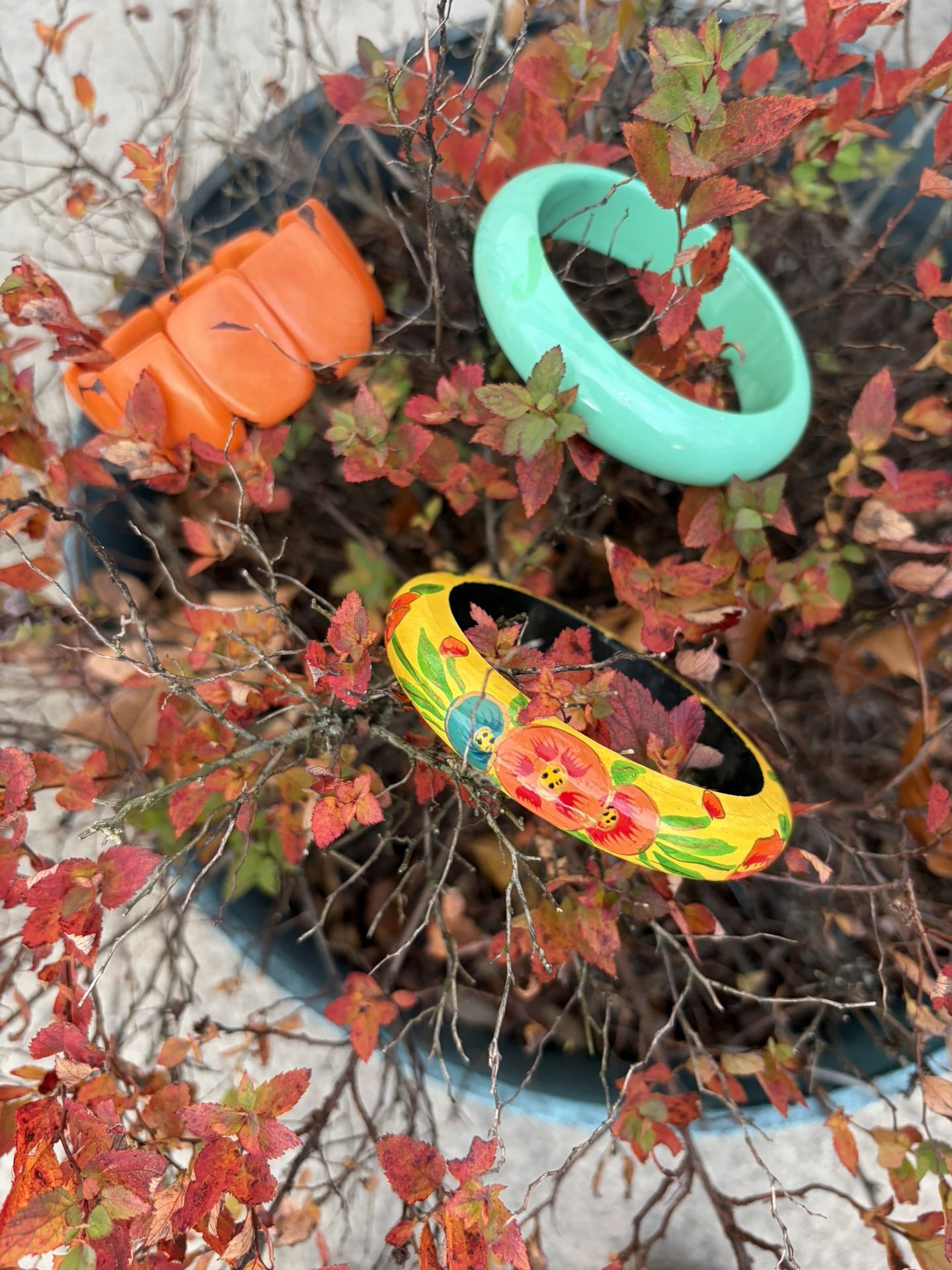 3 vintage, colorful bracelets. Organic Tagua Nut Stretch Bracelet (orange one)