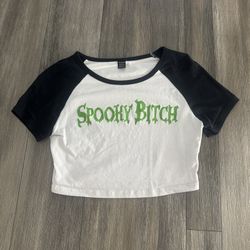 SHEIN: White & Black 'Spooky Bitch' Graphic Print Cropped Knit T-Shirt, Size S