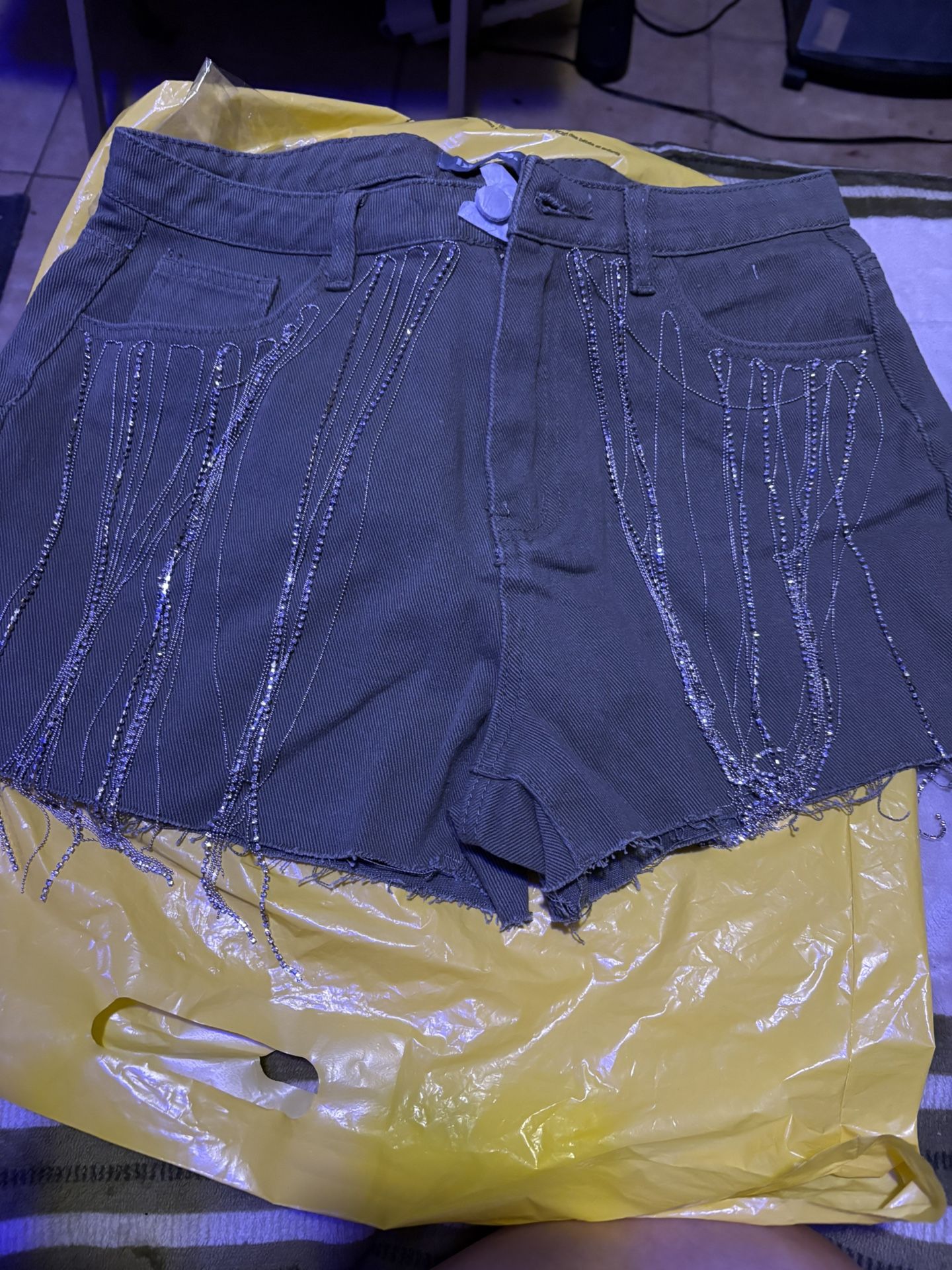 Rhinestone Fringe Denim Shorts Color: OLIVE Size: L