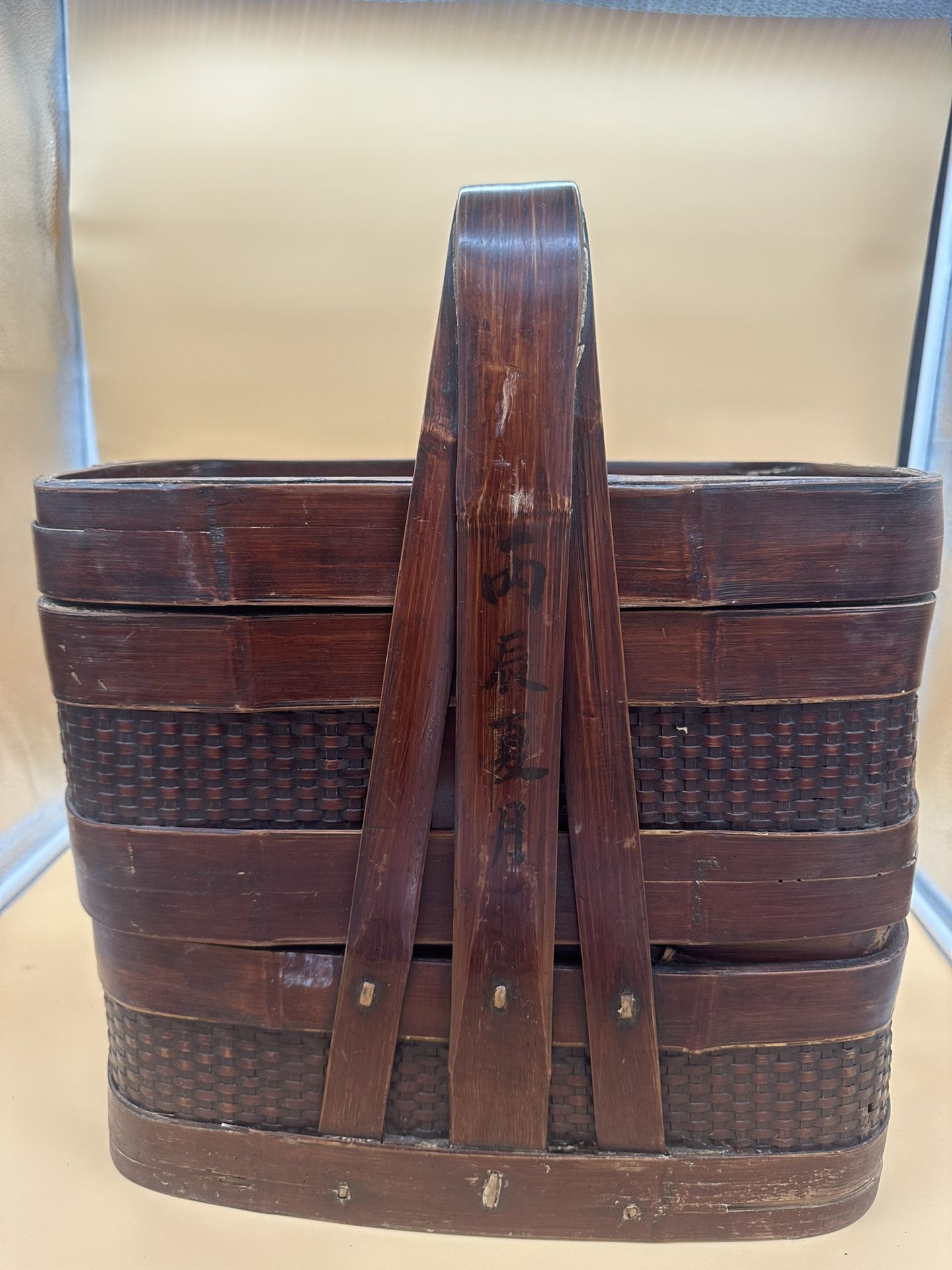 Chinese Vintage Two-Tiered Bamboo and Rattan Lunch Basket with Large Handle