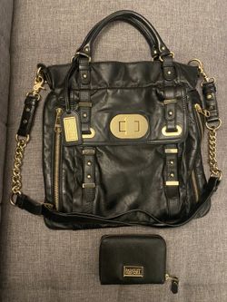 Authentic Badgley Mischka black leather gold chain bag and wallet set