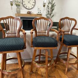 Vintage 1970s Solid Wood Swivel Bar Stools – Set of 6 – Carved Spindle Backs