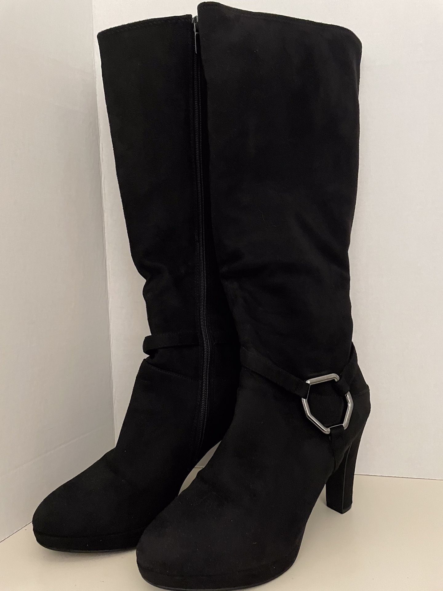 COACH AND FOUR Black Suede Boots with Gun Metal Ornament- Size 9.5