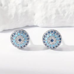 Exquisite Micro Pave 14K White Gold Plated Blue Turquoise Cubic Zirconia Men Women Stud Earrings 