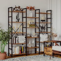 Bookshelves Triple Wide 5 Tiers Large 69.3" Industrial Bookshelf Etagere Bookshelf, Open Display Shelves, Metal Frame, Living Room, Bedroom, Home Offi