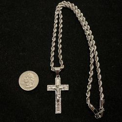 Sale! Iced Simulated Diamond Jesus Cross Pendant + 5mm High-Polished Stainless Steel Rope Chain