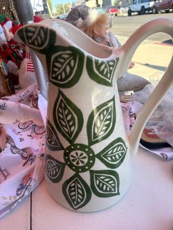 White Ceramic Pitcher with Green Leaf Pattern