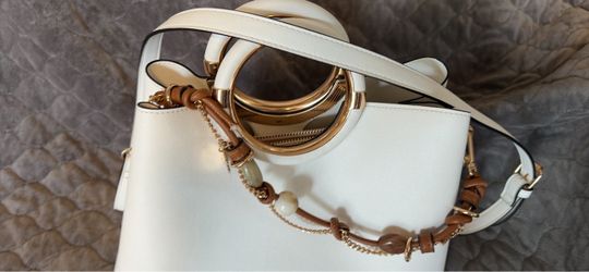 White Leather Handbag with Gold Ring Handle