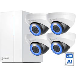 Security Camera System, 4K NVR with 2TB HDD, 4Pcs 4MP Outdoor Wired Dome Surveillance IP Camera with Human/Vehicle Detection, Spotlight Color Night Vi