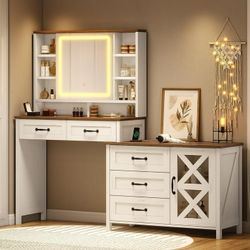 Farmhouse Vanity Desk with Lights & Power Strip Drawers Cabinets Brown