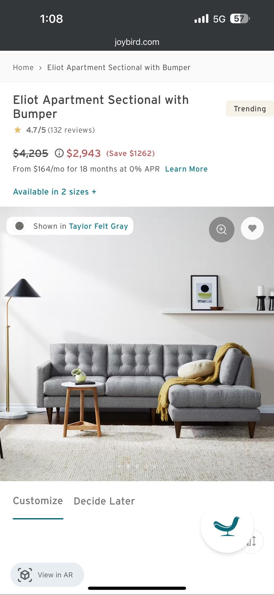 Free Delivery - Eliot Apartment Sectional Sofa with Bumper