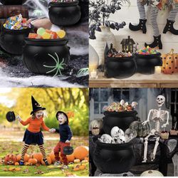 Halloween Witch Cauldron Candy Serving Bowl Hocus Pocus Decor, Set of 3 Black Plastic Cauldron Bowls with Iron Rack, Spooky Candy Bucket Punch Bowls f