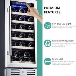 Brand New Kalamera Mini Fridge 15" Wine Cooler Refrigerator - 30 Bottle Wine Fridge with Stainless Steel Refrigerator& Double-Layer Tempered Glass Doo