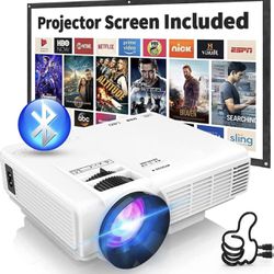Mini Projector with Bluetooth and Projector Screen, Full HD 1080P Portable Video Projector, Home Theater Movie Projector Compatible with HDMI,USB,AV,L