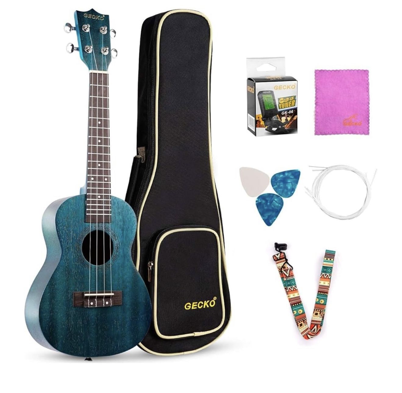 GECKO Concert Ukulele 23 Inch Kit – AAA Mahogany Body, Aquila Strings, Arched Back for Warm Tone – Awesome Value Pack with Gig Bag