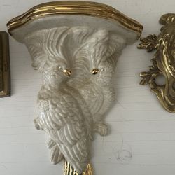 Vintage Palm Beach Tropical Pair of Cockatoo Parrot Bird Ceramic Wall Sconces 