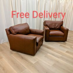 Crate and Barrel Axis Leather Swivel Club Chairs Pair Free Delivery
