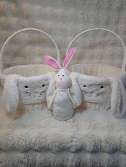 Deluxe Easter / Spring Plush Basket Set - Twin Bunny Baskets with Plush Centerpiece