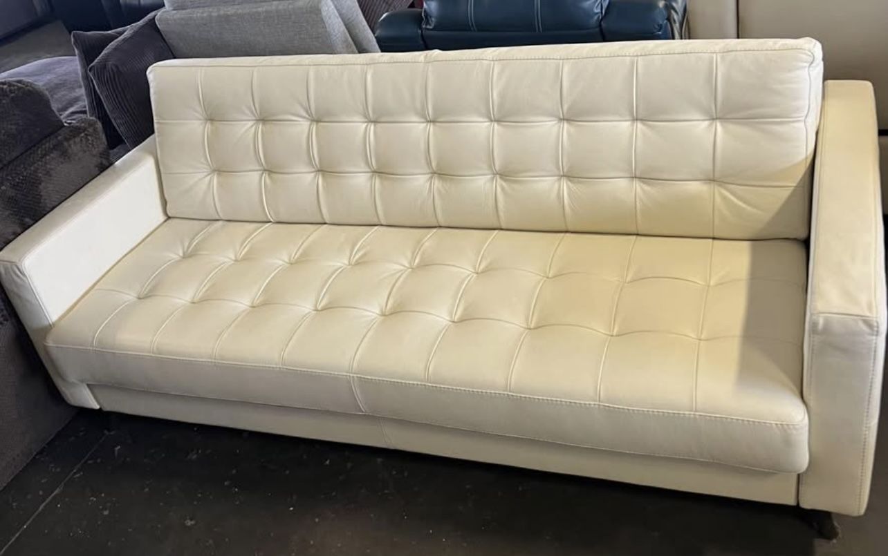 Cream Color Convertible Sleeper Sofa w/ Queen Size Mattress (82” x 41”) - Genuine leather, New,Never-Used