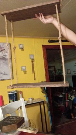 Two-tier hanging rope wood shelf, rustic farmhouse