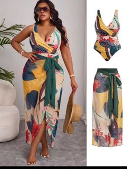 Tropical Print One Piece Swimsuit with Cover up Beach Skirt Sarong Two Piece Floral Printed V Neck Tummy Control