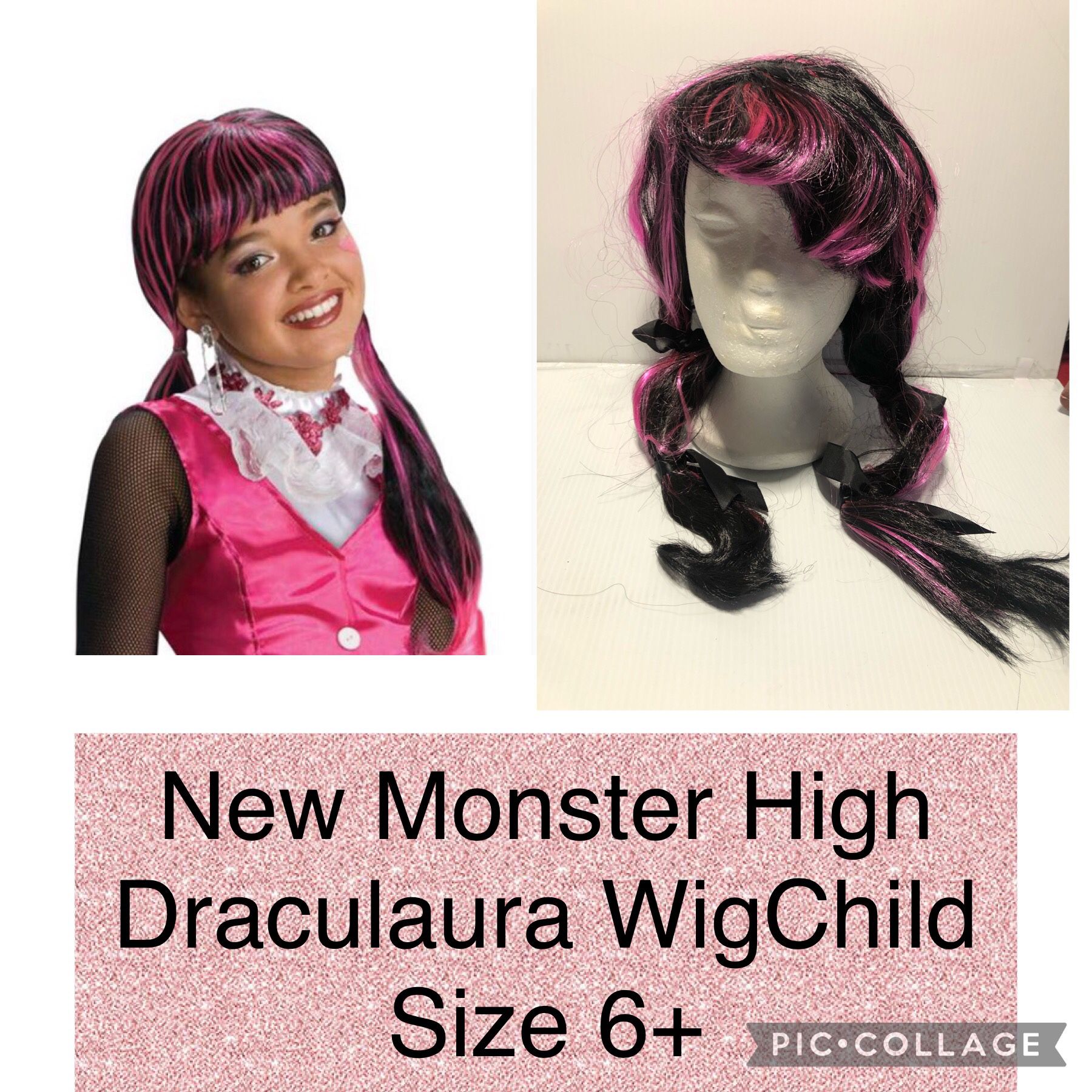New Child pink black Draculaura Wig with Bows