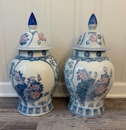 Pair of Large Chinese Style Lidded Ginger Jars – Peacock & Floral Porcelain