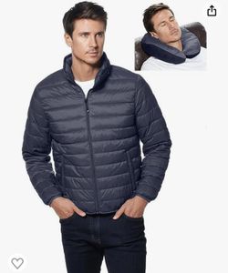 Weatherproof Mens Puffer Jackets - Packable Travel Neck Pillow Alternative Down Puffer Jacket Men