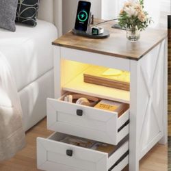 White Farmhouse Style End Table/ Nightstand with Lights, Charging Station and Gun cabinet w/ lock