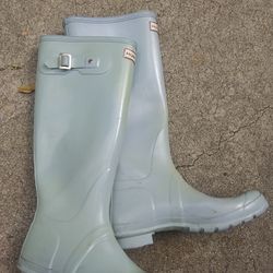Pale Blue Glossy Tall Hunter Boots* Women's Size 9