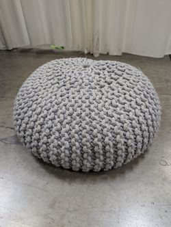 Round Grey Knitted Pouf Ottoman