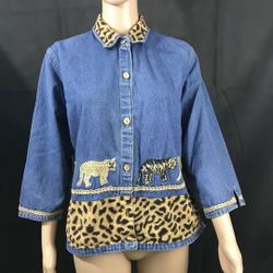 Tantrums Denim Shirt top blouse embroidery animal zoo jungle print size XL