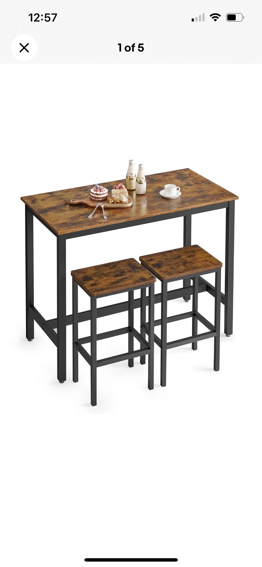 VASAGLE Bar Table Set, with 2 Bar Stools in Rustic Brown and Black ULBT15X