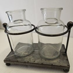 Farmhouse Glass Bottle Vases w/ Galvanized Metal Holder – Set of 2