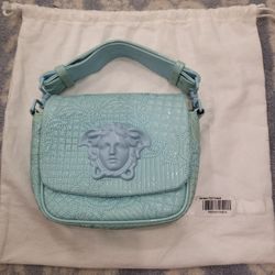Versace Aqua Blue Patent Leather Vanitas Quilted Embossed Medusa Small Handbag